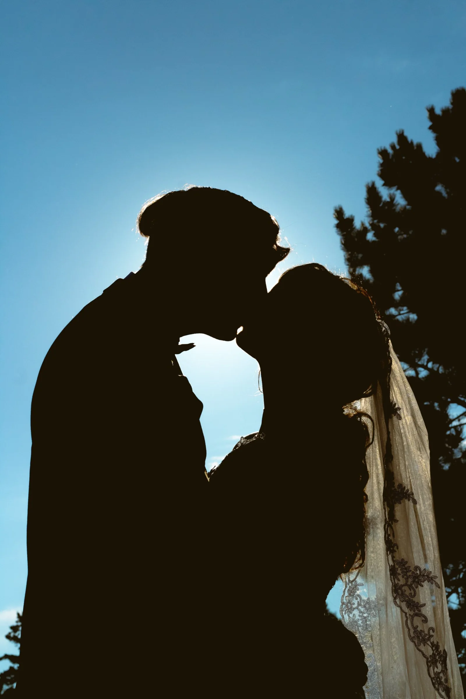 Silhouette of a couple kissing against a blue sky, lace veil catching the light